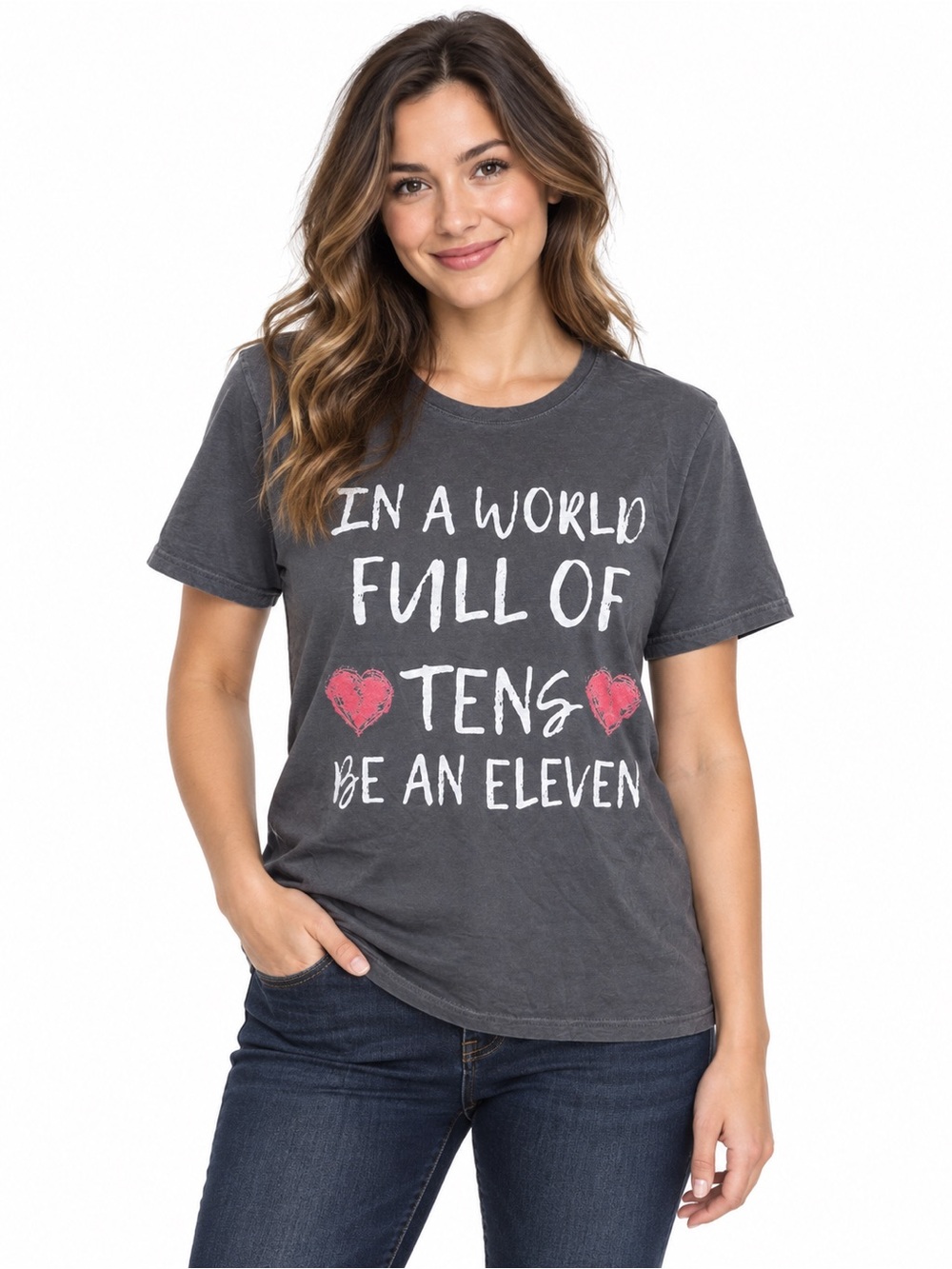 Port and Company Charcoal Graphic Tee with Pink Hearts